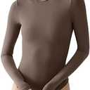 PUMIEY Long Sleeve Bodysuit For Women Sexy Body Suits Crew Neck Tops Mocha, Medium