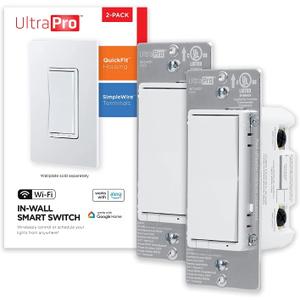 UltraPro Smart, 2.4GHz Wi-Fi Smart Light, QuickFit & SimpleWire, 3 Way, Works with Alexa, Google Assistant, No Hub Needed, UL Certified, Needs Neutral Wire, White, 2 Pack, 51407