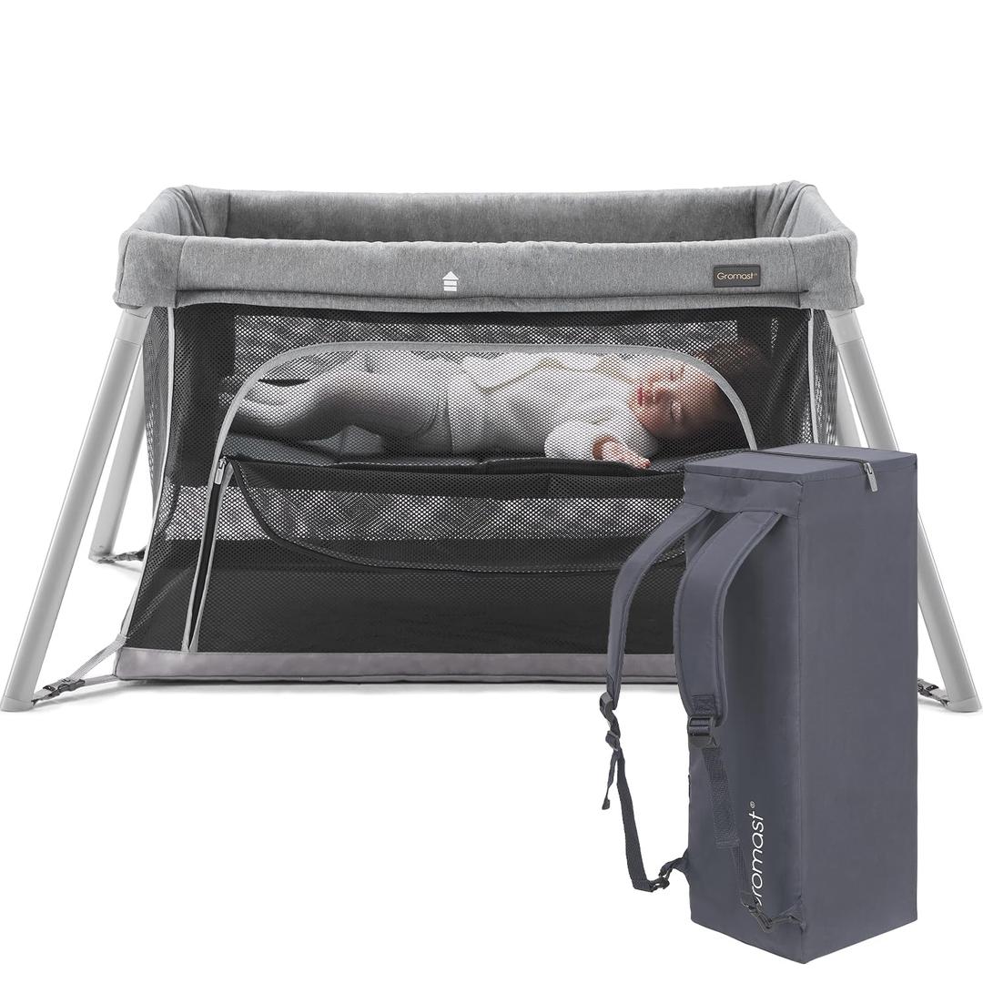 Gromast 2 in 1 Portable Travel Crib for Toddler, Foldable Crib for Baby, Lightweight Playpen Collapsible Playard with Soft Mattress, Easy to Carry Baby Travel Bed for Outdoor, Indoor (Grey)