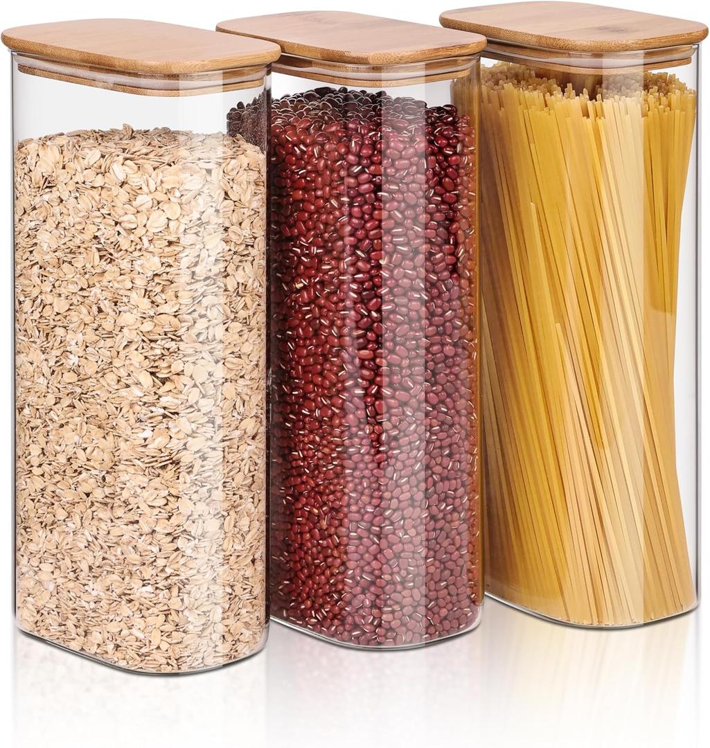 Glass Storage Jars Set of 3, Clear Glass Food Storage Containers with Airtight Bamboo Lid Stackable Kitchen Canisters for Candy, Cookie, Rice, Sugar, Flour, Pasta(Flat)