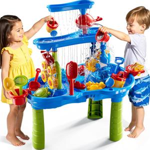 3-Tier Sand and Water Activity Table for Kids 3-8, Sensory Play Table with Waterfall Design & Beach Toy Set, Outdoor Backyard Playset for Toddlers 2-6, Great Birthday Present