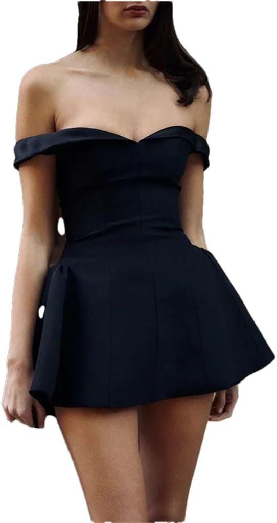 Women's Off-Shoulder Solid Color Mini Dress, Sleeveless Zipper Casual Slim Dress, Small, Black 