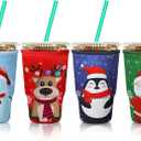 Patelai 4 Pieces Christmas Reusable Iced Coffee Sleeve Cup Insulator for Cold Drinks Beverages and Holder for Most Coffee(30-32 oz, Santa Claus)