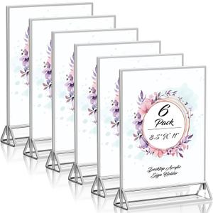 Clear Acrylic Sign Holder 8.5"X11" with Silver Borders Display Stand, Double Sided Acrylic Picture Frames Plastic Sign Holder for Wedding Table Numbers Menu Holder (6 Pack)