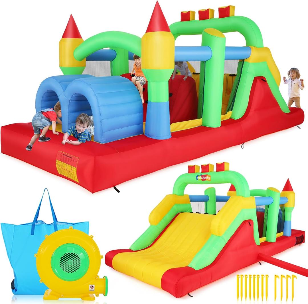Whubefy Inflatable Bounce House Obstacle Course for Big Kids 3-6 8-12 with Large Slide, Racing Crawl Tunnels, Giant Bouncy Castle with 680W Blower for Backyard Outdoor 18.0x8.2x6.6 ft