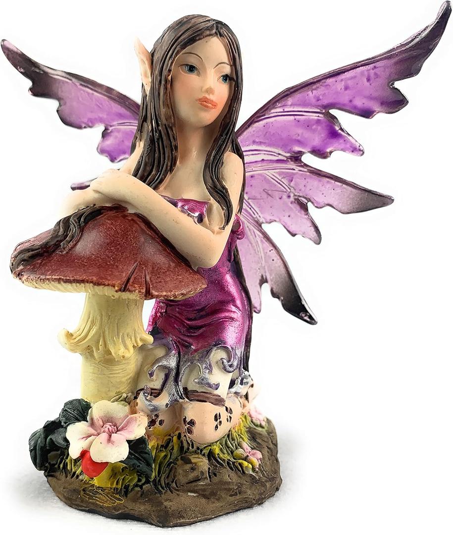 Aint It Nice Fairy Figurine Purple with Clear Wings and Patterned Socks Enjoying Nature Surrounded by Flowers Collectible Fairy Statue Fantasy Dcor Sculpture, 4.5(L) X 2(W) X 4.5(H) Inches