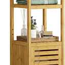 VIAGDO Storage Tall Slim Cabinet with Shutter Door and 3 Tier Shelves, Freestanding Linen Tower Cabinet for Living Room, Kitchen, Bathroom Organizer, Natural Bamboo, Small