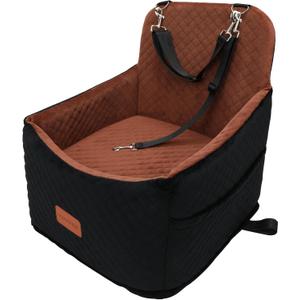 Youvee Dog Booster Car Seat,Interior Height 6 Inches Elevated Pet Car Seat for Small Dog up to 30 lbs,for Front/Back,Comfortable,Storage Pocket, View Ⅰ-Black Outside, Brown Inside