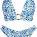 ZAFUL O Ring Halter Bikini Sets for Women High Cut Swimsuits Trendy 2 Piece Bathing Suits (Medium, 1-blue Floral)