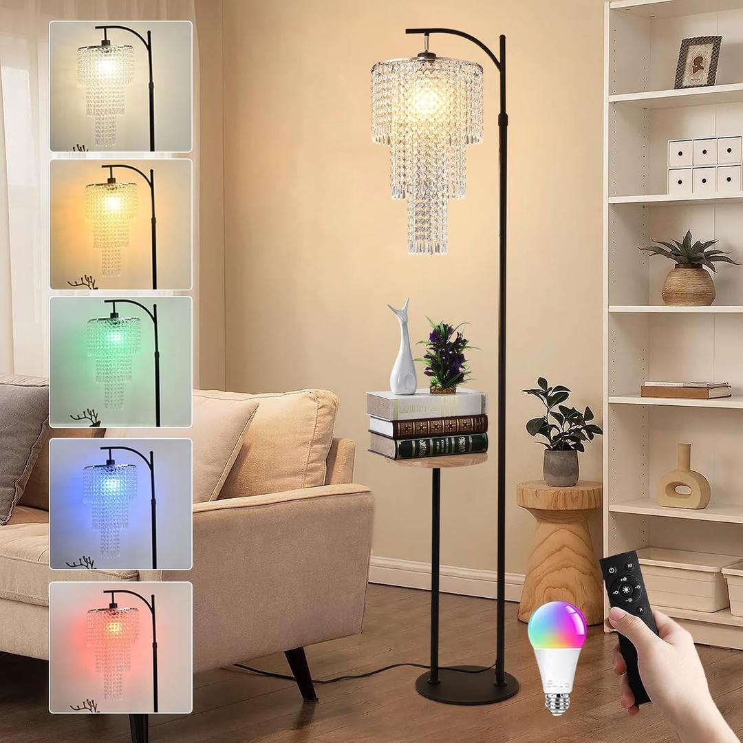 Arc Floor Lamp with Table and Shelves,Crystal Floor Lamps for Living Room,Dimmable Elegant Modern LED Floor Standing Lamp with Remote Control & 10 Colors,Black Adjustable Tall Lamp For Bedroom Corner