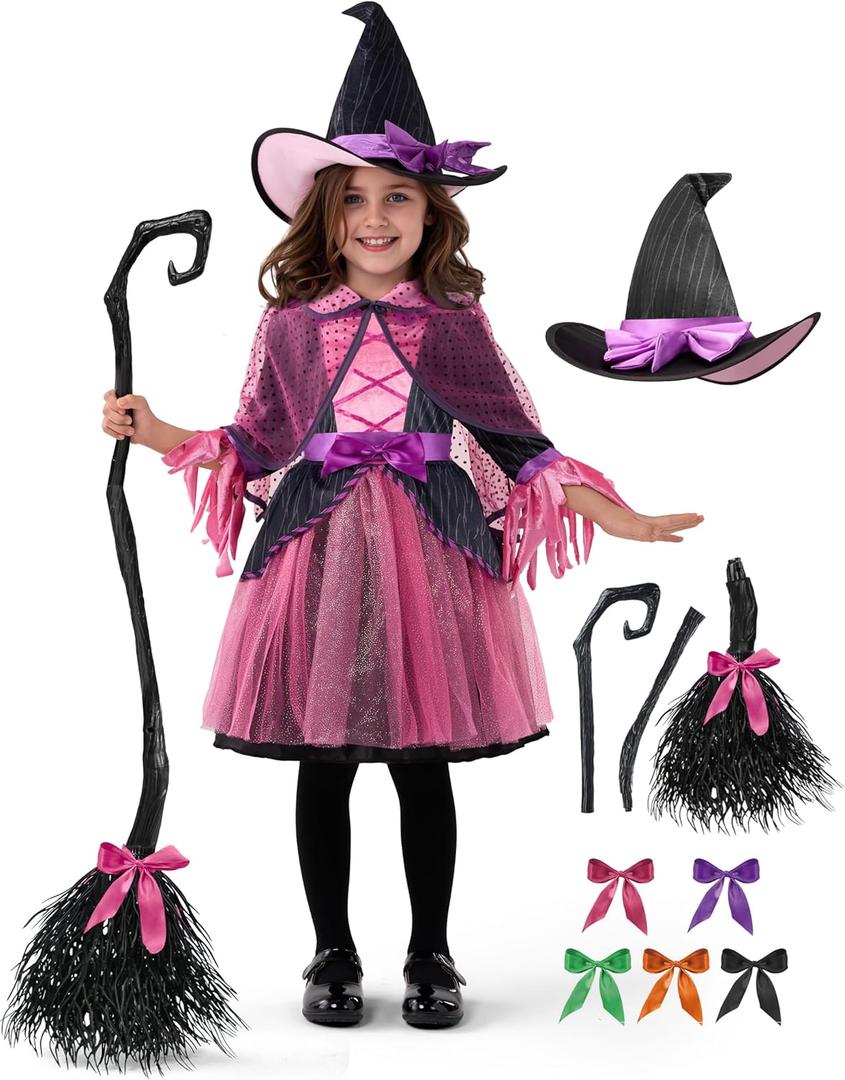 Spooktacular Creations Child Girl Orange Purple Witch Costume, Toddler Witch Outfit Set for Kids Halloween Dress Up Parties (Medium(8-10 yrs), Pink)