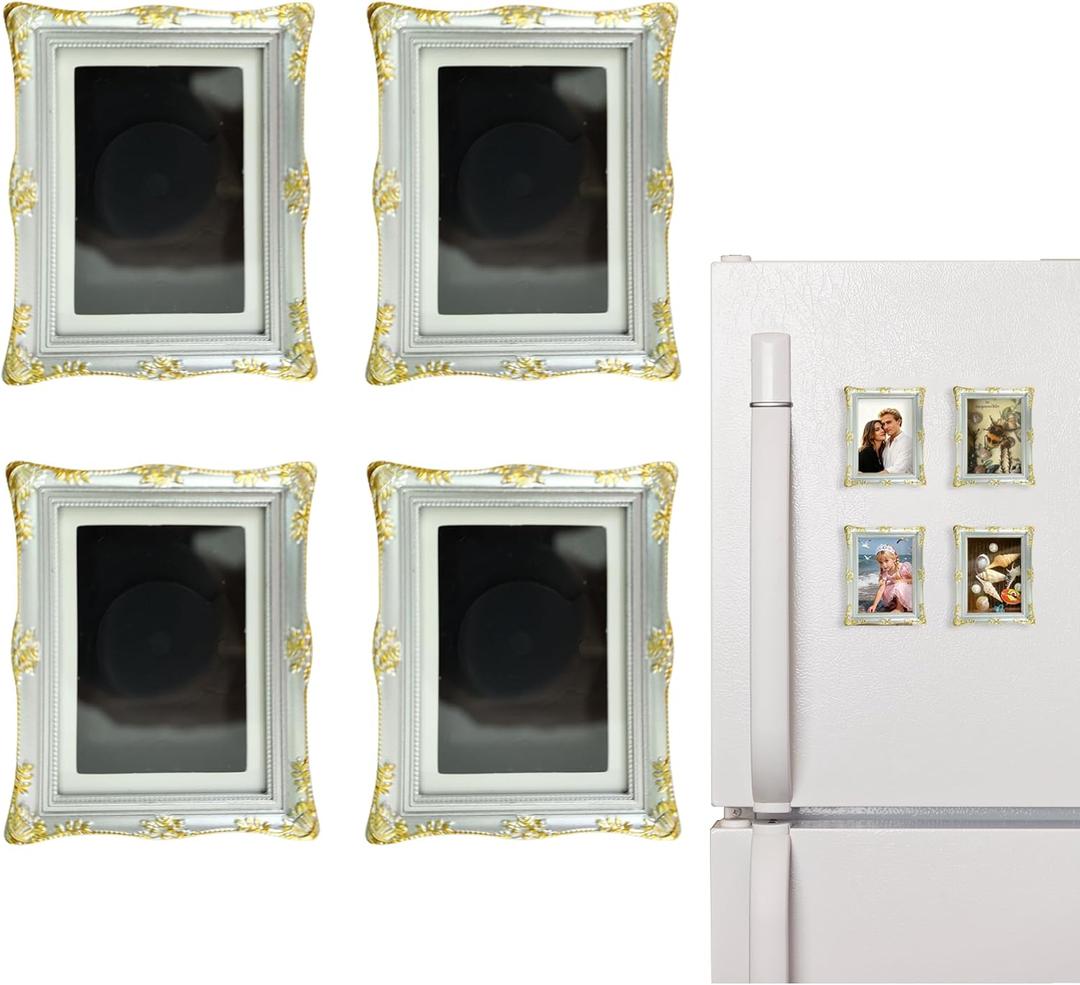 4 Pack Magnetic Picture Frames for Refrigerator - 3.6"x3" Vintage Photo Frames(Photo Size: 3"x2"), Antique Ornate, Paintings, Home & Office Decorative Gift (Silver Gold)