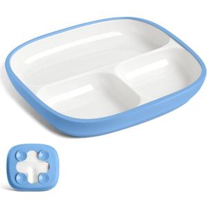 Domensi 1 Set Kids Porcelain Plates with Silicone Sleeves 8.2 Inch Divided Porcelain Plate Toddler White Suction Dishes for Baby Troubleless Eating Microwave Dishwasher Safe (Blue)