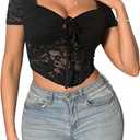 Women's Floral Print Crop Tops Summer Tie Front Short Sleeve Asymmetrical Cute Tees Shirt (Black, S)