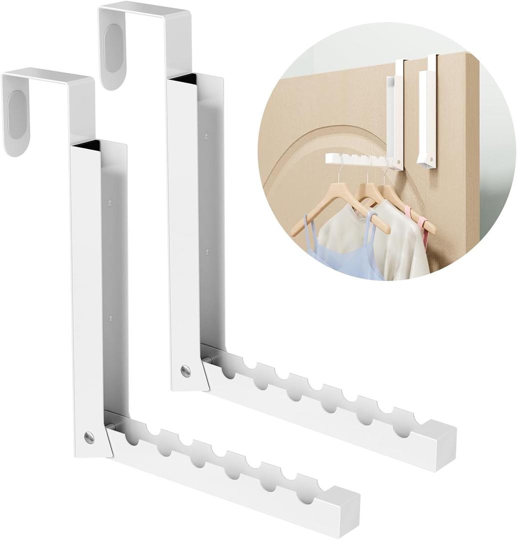 BAKON Over The Door Hanger Folding Clothes Drying Rack, Folding Hanging Coat Rack for Indoor Laundry Room Compact Small Space Foldable Portable Clothing Hanger Hook Collapsible- 2 Pack (White)