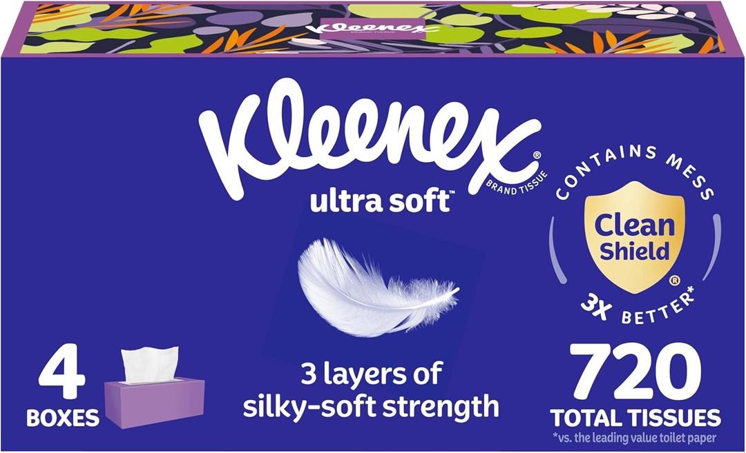 Kleenex Ultra Soft Facial Tissues, 4 Flat Boxes, 180 Tissues per Box, 3-Ply, Packaging May Vary (White)
