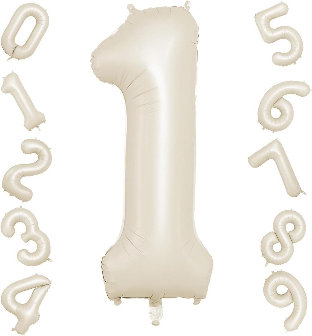 40 Inch Cream Number 1 Balloon, Beige Large 1st Birthday Balloons, Digital 1 Cream White Giant 1 Foil Balloon Helium for 1st Birthday Decorations First Year Boys Girls Baby Shower Party Supplies