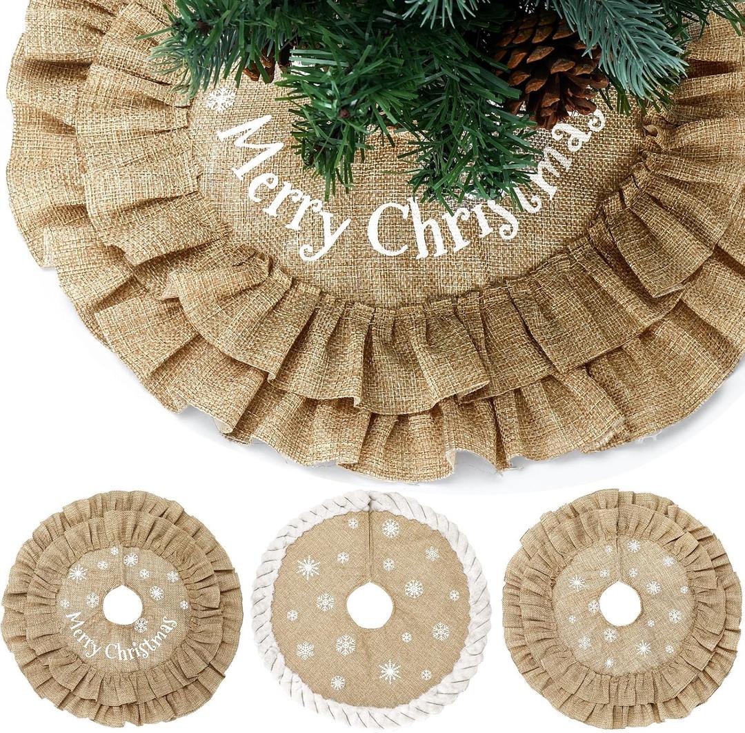 Civaner 3 Pcs 15 Inch Mini Burlap Christmas Tree Skirt Rustic Farmhouse Small Tree Skirt Linen Burlap Mat Printed with White Snowflake Christmas Decoration for Xmas Home Winter Holiday Decor