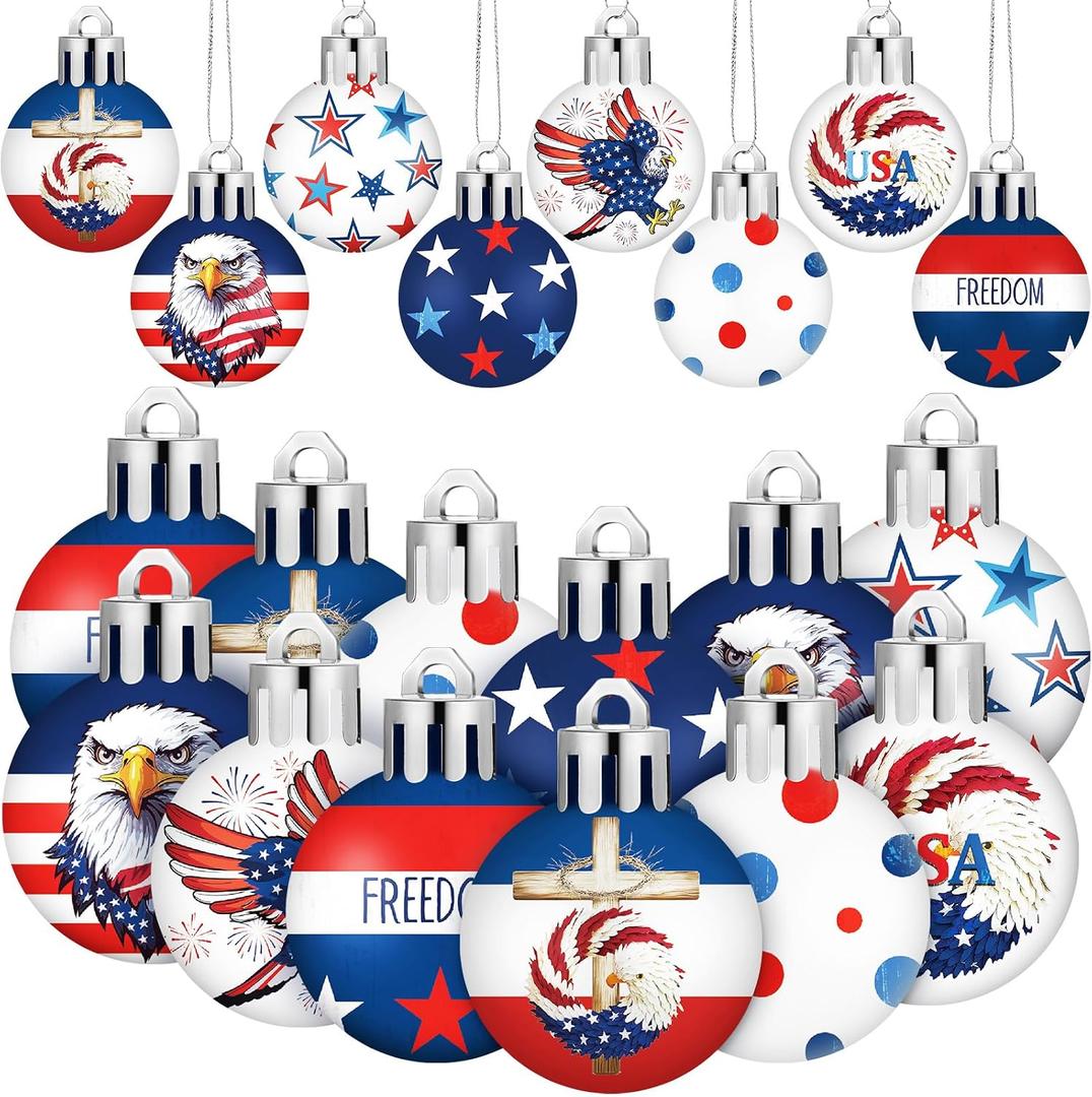 HyDren 40 Pcs 4th of July Ornaments 1.2 Inch Mini Patriotic Tree Decorations 250th Anniversary Memorial Day Independence Day Ornaments Red White Blue Eagle Star Ball Decorations for Holiday Party