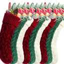 Christmas Stockings, 18 Inches Burgundy, Ivory and Green Cable Knitted Stocking for Xmas Holiday Decoration, 9 Pack