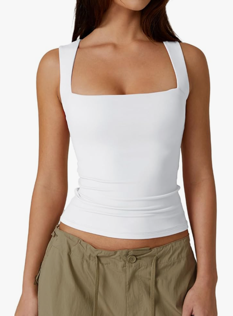 QINSEN Women's Square Neck Sleeveless Double-Layer Tank Tops Basic Tight T Shirts , Size M