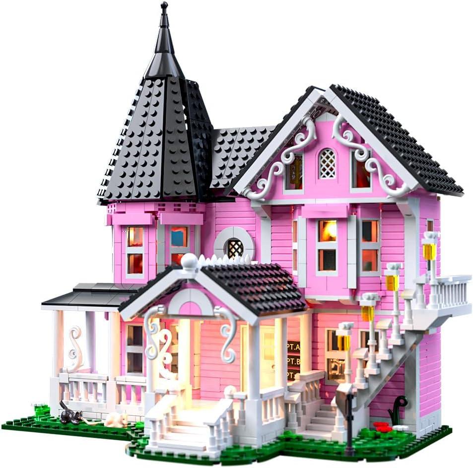 Pink Palace House Building Set with Lights, Halloween Haunted House Blocks Toy, Halloween House Kit for Kids Adults, Compatible with Lego, Christmas for Girls and Boys, Aged 8+ (1349PCS)