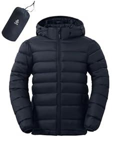 ASPO Men's Packable Lightweight Puffer Winter Jackets Detachable Hood Waterproof Warm Insulated Down Coats Hiking Snow Travel Navy Blue XL