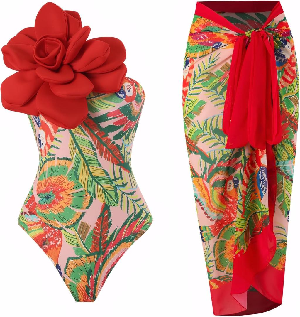One Shoulder Swimsuits for Women 3D Flower Decoration One Piece Swimsuit with Cover up Set (Small, Bird)