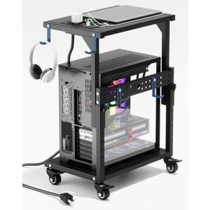 Computer Tower Stand with Power Outlet, 6 Level Height Ajustable PC Tower Stand for Floor, Mobile Rolling CPU Holder Cart for Gaming, Office, Home, 21.34"-28.3", Black