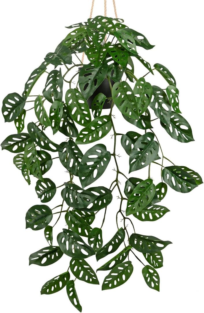 Large Fake Hanging Plants in Pot with Hook, 37" Artificial Hanging Monstera Albo Vines Plants, Fake Potted Greenery Plant for Room Wall Living Room Bathroom Kitchen, Big Faux Ivy Houseplants for Shelf