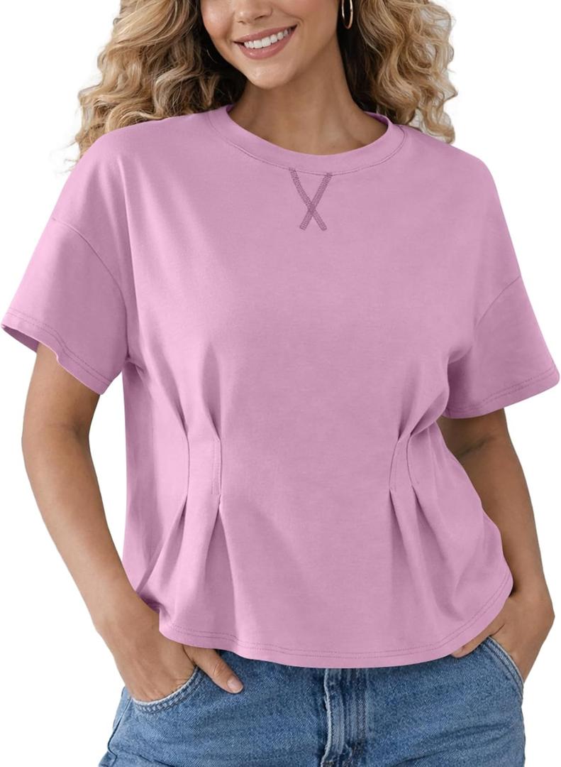 Women's Peplum Tops Babydoll Tops Short Sleeve Shirts Cinched Waist Tops Casual Blouses Dressy Summer (Pink, S)