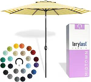 Midtown Umbrellas 10-Year-No-Fade - 9 Ft - UV Proof Yellow/white Stripes Fabric - Umbrella Outdoor Patio, Auto-Tilt Aluminum Frame Patio Umbrella for Garden, Pool & Deck - Black Pole