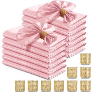 RUDONG M 100 Pcs Light Pink Satin Napkins and Napkin Rings Set, 17 x 17 Inch Square Cloth Napkins Set of 50, Silky Soft Table Napkins Bulk for Weddings, Banquet, Parties Dinner Decoration