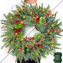 24 Inch Prelit Christmas Wreath for Front Door, Real Touch Norfolk Pine Wreath with Dual Color Change & Timer,Artificial Pine Tips,Cypress Leaves,Red Berries and Pinecone for Door Home Outdoor Decor