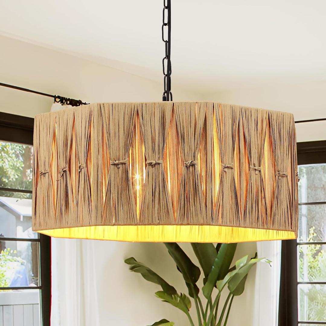 5-Light Boho Rattan Chandelier Light Fixture, 18.7" Large Octagonal Raffia Drum Chandelier Hand Woven Coastal Pendant Light for Dining Room Kitchen Entryway Foyer Bedroom, Octagonal, 1-Layer