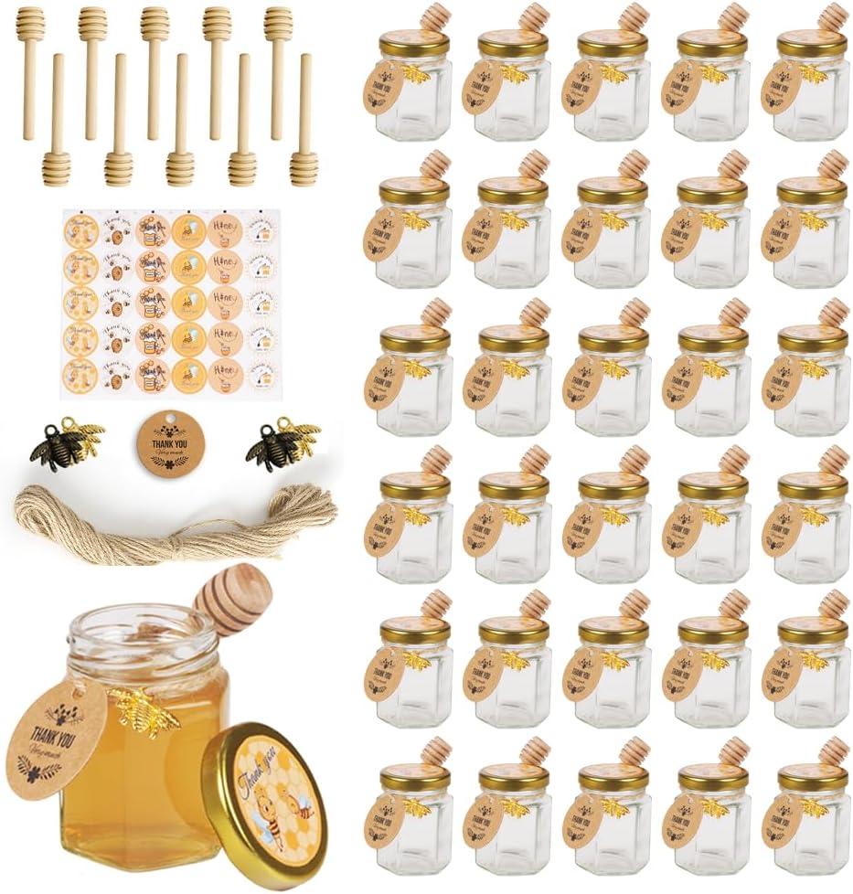 3OZ Mini Glass Hexagon Honey jars 30Packs - Gold Lid, Small Wooden honey dipper, Bee Charms, Thank You Gift Tags, Stickers, Jute - Baby Shower Thank You Party Wedding Favors Gifts (Circular Tag)