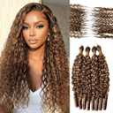 Feather Crochet Human Hair for Black Women Burmese Curly 50 Grams 16 Inch Ombre Brown 4/27 Human Crochet Hair Lightweight Invisible Miracle Knots Crochet Human Hair Bundles with Spiral Curl