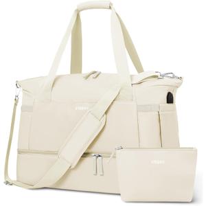 ETRONIK Gym Bag for Women, Personal Item Travel Bag with Shoes Compartment, Weekender Overnight Duffel Bag with Wet Pocket & USB Charging Port, Carry On Bag for Women, Travel, Gym, Weekend (Beige) (Medium)