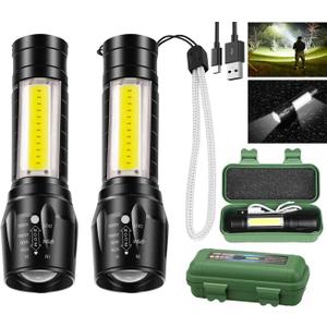Wrrozz Led Flashlight Rechargeable USB Torch Mini Small Light Super Bright Handheld Tiny Portable Pocket Keychain Flash Light with COB Side Searchlight High Lumens Zoomable Emergency Camping 2 Pack