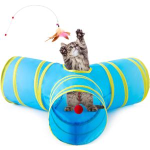 Love's cabin Cat Tunnel Tube Toys 3 Way Collapsible, Cat Tunnels for Indoor CatsKitten Tunnel Bored Pet Play Tunnel with Peek Hole Toy Ball for Kitty, Kitten, Rabbit, Puppy Blue&Yellow