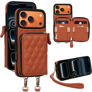 Wallet Case for iPhone 17 Pro Max 6.9", Genuine Leather Crossbody Zipper Purse with 4 Card Slots & RFID Blocking, Wrist Strap Handbag, Lanyard Kickstand Flip Cover for Women Orange