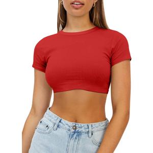 Womens Crop Tops Crewneck Y2K Summer T-Shirt Basic Short Sleeve Fitted Knit Ribbed Casual Blouse Cute Tee Shirt (Small, Red)