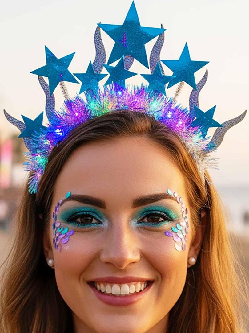 2 x Yokawe Twinkling LED Light Up Stars Tinsel Headband,Silver Glitter Christmas Party Crown, New Year Costume Hair Accessory for Women