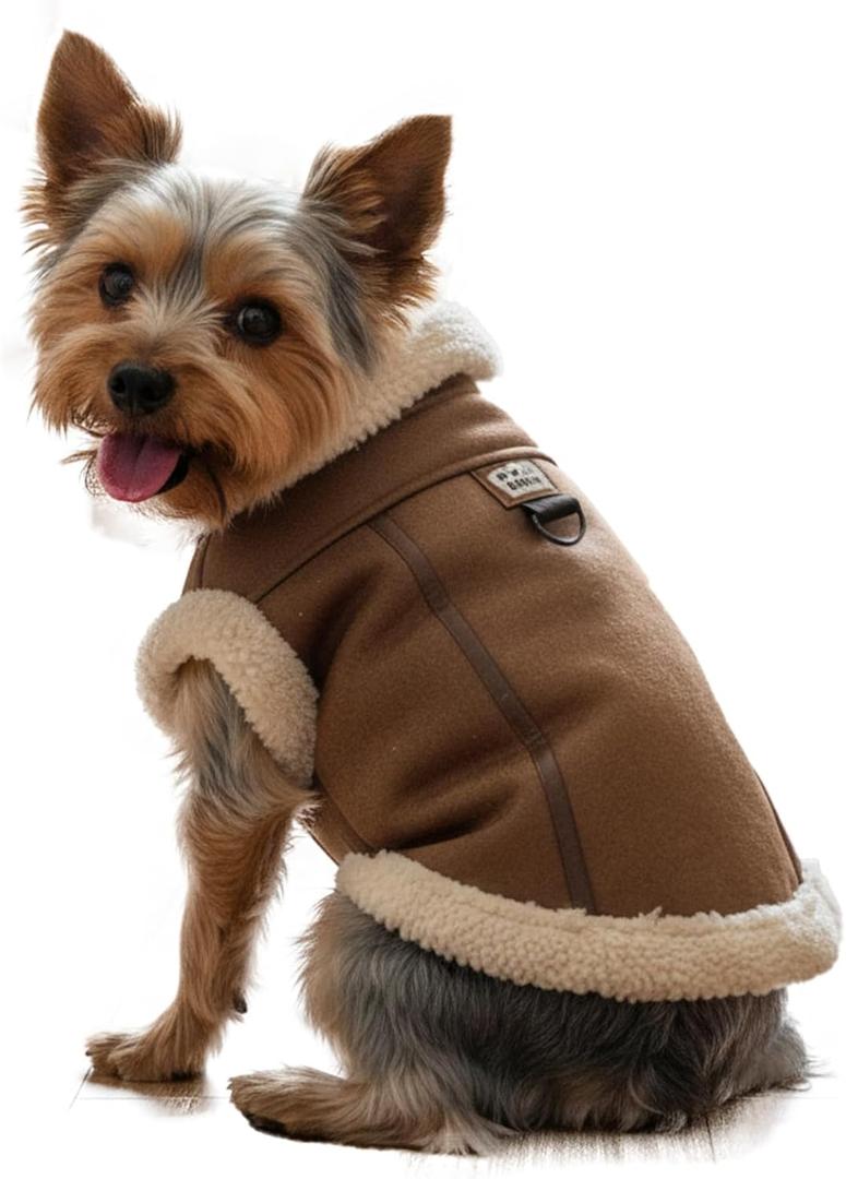 Retro Aviator Dog Jackets Faux Leather Winter Coats with Sherpa Fleece Lining for Dogs, Warm Windproof Pilot Style Doggy Clothing for Small, Medium Puppy, Pet Motorcycle Costume, Coffee, Size S