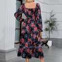 ZAFUL Women's 2025 Long Sleeve Square Neck Fall Boho Floral Midi Dress High Waist Flowy A Line Tiered Wedding Guest Dresses (Black)