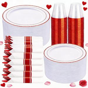 WELLIFE 350 Pcs Red Plastic Plates for 50 Guests - Plastic Dinnerware Set,Valentines Party Supplies Includes 100 Red Plates,150 Silverware,50 Napkins,50 Cups, Valentines Plates