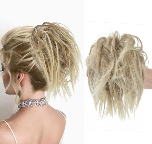 KETHBE Messy Bun Hair Piece,Synthetic Tousled updo Short Ponytail Faux Hair Scrunchie with Elastic Rubber Band Fake Hair Bun for Women (Pale Golden Blonde Mix Blonde)
