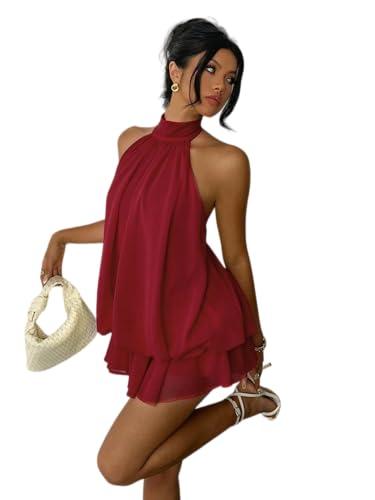 FOTKLAX Women's Mini Backless Halter Flowy Summer Dress Ruffle Sleeveless Short Sundess A Line Cute Dresses for Womens Red, XS