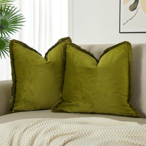 JUSPURBET Olive Green Decorative Velvet Fringe Throw Pillow Covers 18x18 Set of 2 Boho Soft Cushion Case for Home Decor Living Room Couch Sofa Bed