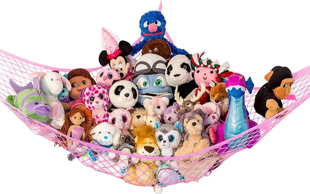 Lilly's Love Large Stuffed Animal Hammock | Corner Hanging Organizer, Stuffed Animal Storage | Easy to Hang Plushie Net w/Included Anchors & Hooks | Cute Room & Bedroom Decor (Pink) (1 Pack (XL))